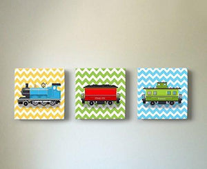 Chevron - Choo Choo The Train Wall Art Theme - Canvas Nursery Decor - Set of 3-B018ISKET2 - MuralMax Interiors