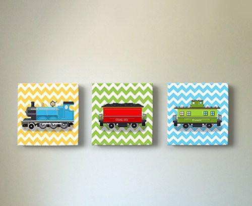 Chevron - Choo Choo The Train Wall Art Theme - Canvas Nursery Decor - Set of 3-B018ISKET2