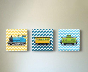 Chevron - Choo Choo The Train Wall Art Theme - Canvas Nursery Decor - Set of 3-B018ISKJTM - MuralMax Interiors