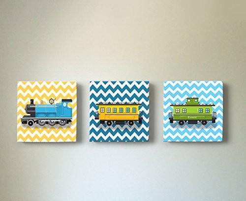 Chevron - Choo Choo The Train Wall Art Theme - Canvas Nursery Decor - Set of 3-B018ISKJTM