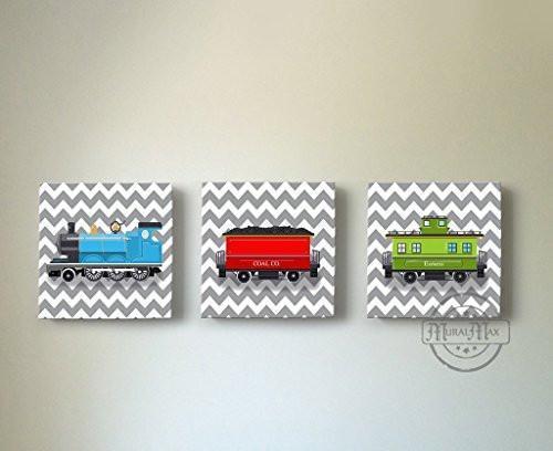 Chevron - Choo Choo The Train Wall Art Theme - Canvas Nursery Decor - Set of 3-B018ISKSRU