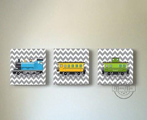 Chevron - Choo Choo The Train Wall Art Theme - Canvas Nursery Decor - Set of 3-B018ISKXI4 - MuralMax Interiors
