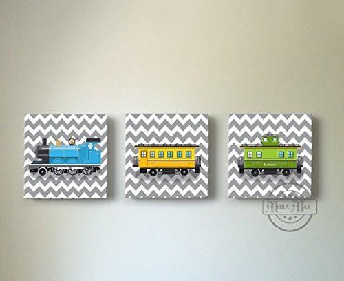 Chevron - Choo Choo The Train Wall Art Theme - Canvas Nursery Decor - Set of 3-B018ISKXI4
