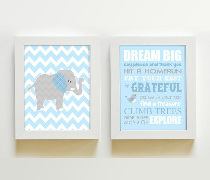 Chevron Dream Big Inspirational Rhyme Elephant Theme - Set of 2 - Unframed Prints