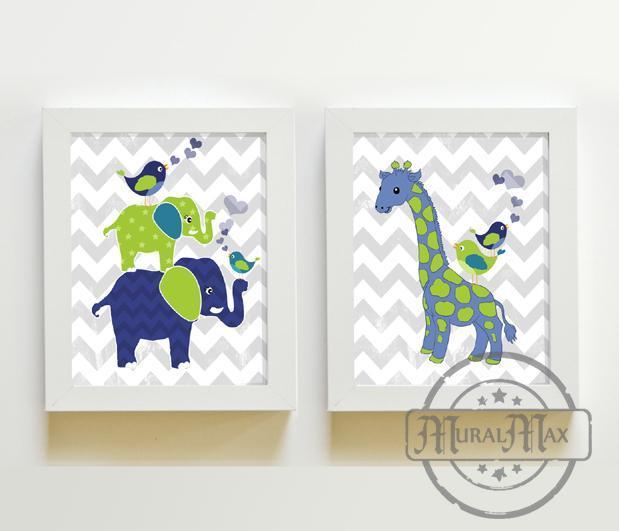 Chevron Elephant & Giraffe Nursery Wall Art - Unframed Prints - Set of 2- Navy Green Decor