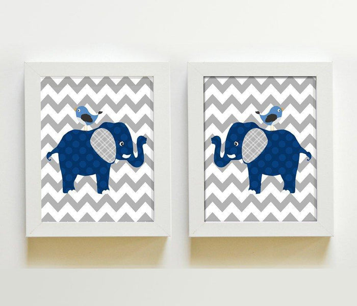 Chevron Elephant Nursery Art - Navy and Gray Baby Boy Room Decor - Set of 2 - Unframed Prints