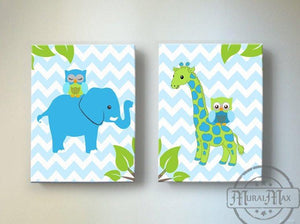 Chevron Giraffe & Owl Safari Nursery Art - Canvas Nursery Decor - Set of 2-Blue Green - MuralMax Interiors