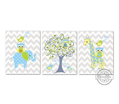 Chevron Love Birds Tree & Whimsical Friends Theme - Set of 3 - Unframed Prints-B01CRT7GNK