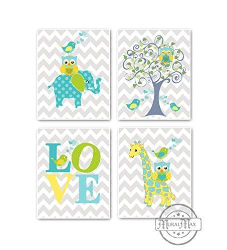 Chevron Love Birds Tree & Whimsical Friends Theme - Set of 4 - Unframed Prints-B01CRT7BZI