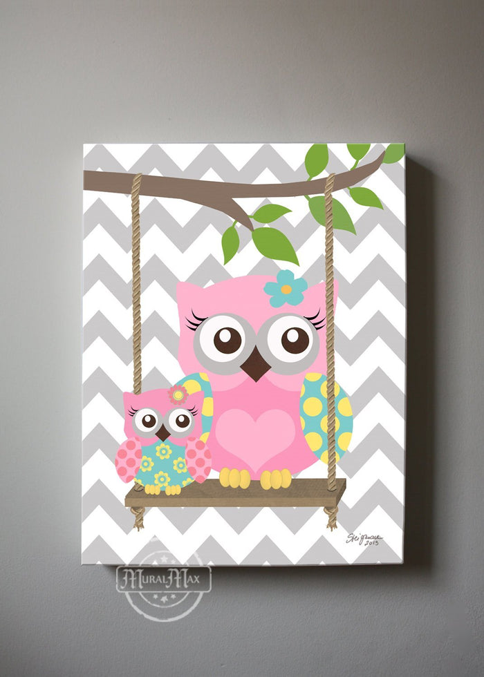 Chevron Mom & Baby Owl Canvas Nursery Decor - Pink Gray Aqua Nursery Wall Art