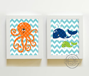 Chevron Nautical Sea Life Nursery Decor - Octopus and Whale Ocean Prints - Set of 2 - MuralMax Interiors