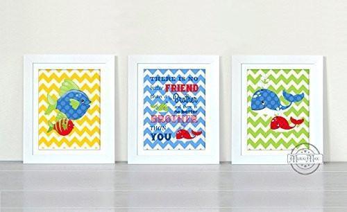 Chevron Nursery Beach Theme - Brothers Are Best Friends -Unframed Prints - Set of 3-B018KODH52