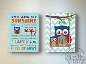 Chevron Owl Boy Room Decor - You Are My Sunshine Canvas Nursery Art - Set of 2-Blue Red Decor - MuralMax Interiors