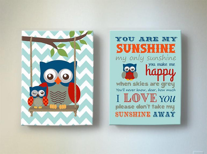 Chevron Owl Boy Room Decor - You Are My Sunshine Canvas Nursery Art - Set of 2-Blue Red Decor