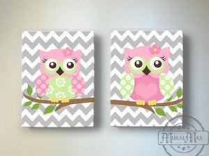 Chevron Owl Canvas Wall Art - Toddler Girl Room Owl - Set of 2 Canvas ArtBaby ProductMuralMax Interiors