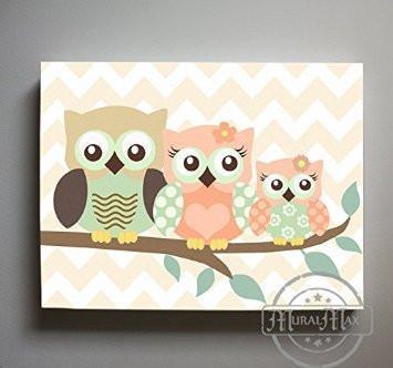 Chevron Owl Family Perched On A Branch - Canvas Decor-B018GSX2YS