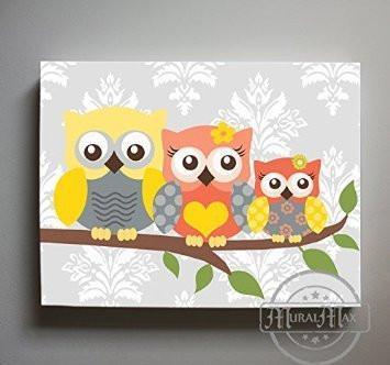Chevron Owl Family Perched On A Branch - Canvas Decor-B018GSXCFC