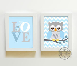 Chevron Owl & Love Nursery Art Prints - Set of 2 - Unframed Prints - Baby Blue and Gray Decor - MuralMax Interiors