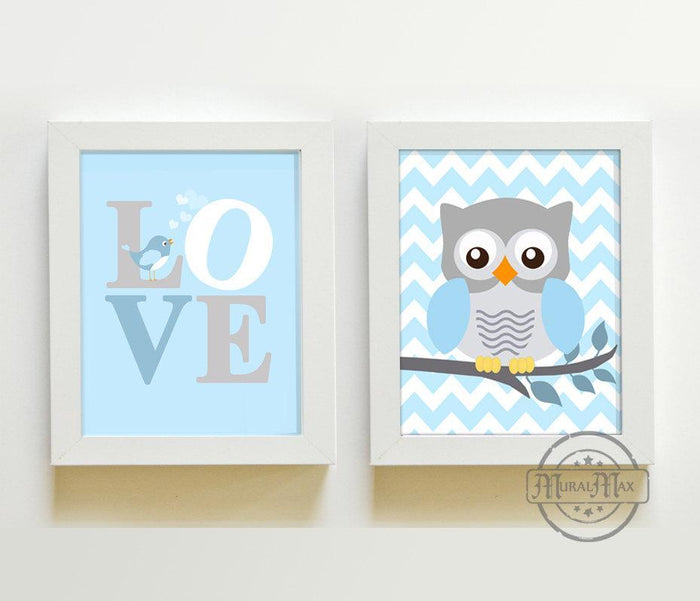 Chevron Owl & Love Nursery Art Prints - Set of 2 - Unframed Prints - Baby Blue and Gray Decor