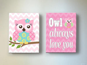 Chevron Owl Nursery Decor - Owl Always Love You Canvas Wall Art - Set of 2-Pink Aqua Decor - MuralMax Interiors