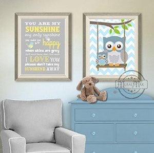 Chevron Owl & Sunshine Lyrics Baby Boy Nursery Decor - Unframed Prints - Set of 2 - Blue Gray - MuralMax Interiors