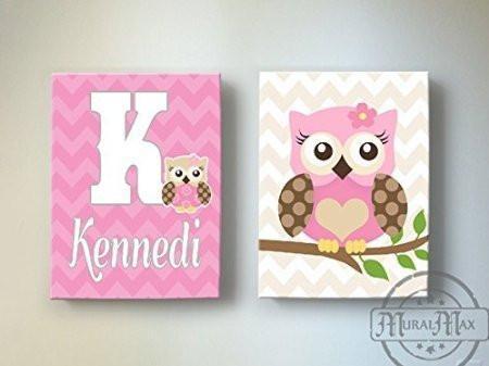 Chevron Personalized Owl Always Love You Decor - Canvas Nursery Art Collection - Set of 2-B018GT25HW
