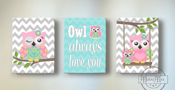 Chevron Pink Aqua Owl Nursery Decor Canvas Art - Inspirational Quote - Set of 3