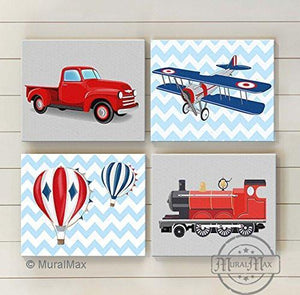 Chevron - Transportation Nursery Theme - Canvas - Trains - Planes Travel Collection - Set of 4-B01CJ4MA34 - MuralMax Interiors