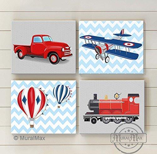 Chevron - Transportation Nursery Theme - Canvas - Trains - Planes Travel Collection - Set of 4-B01CJ4MA34