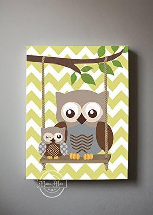 Chevron Whimsical Owl Nursery Art - Owls Swinging In a Tree Canvas Art-Brown Tan Decor - MuralMax Interiors