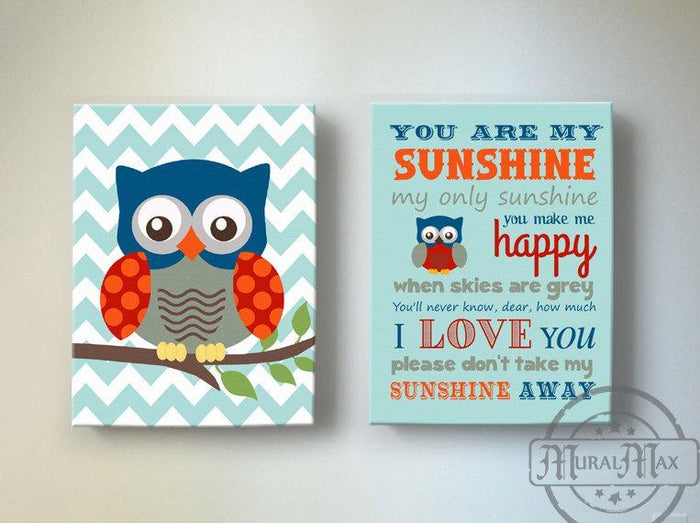 Chevron You Are My Sunshine Owl Nursery Art - Canvas Art - Set of 2-Blue Red Nursery Decor
