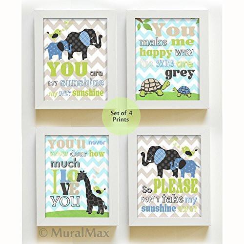 Chevron - You Are My Sunshine Whimsical Friends Theme - Set of 4 - Unframed Prints-B01CRMK3S2