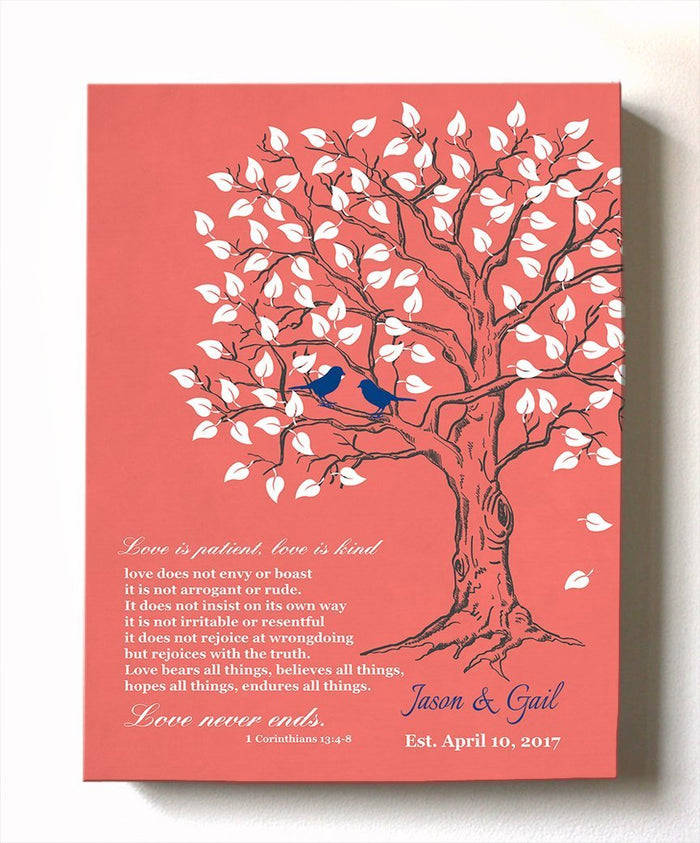 Christmas Gift - Custom Family Tree & Lovebirds, Stretched Canvas Wall Art, Anniversary Gifts, Unique Wall Decor, Color - Coral