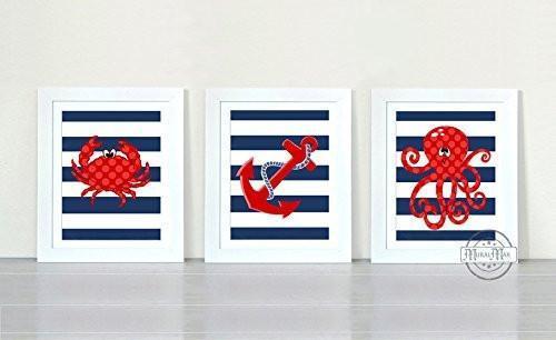 Classic Nautical Striped Theme - Unframed Prints - Set of 3-B018KOBZCE