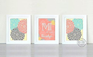 Coral and Aqua Baby Nursery Art - Personalized Floral Mums Collection - Set of 3 - Unframed Prints-B01CRT8E0E - MuralMax Interiors
