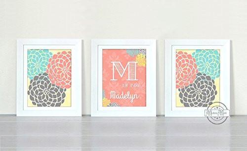 Coral and Aqua Baby Nursery Art - Personalized Floral Mums Collection - Set of 3 - Unframed Prints-B01CRT8E0E