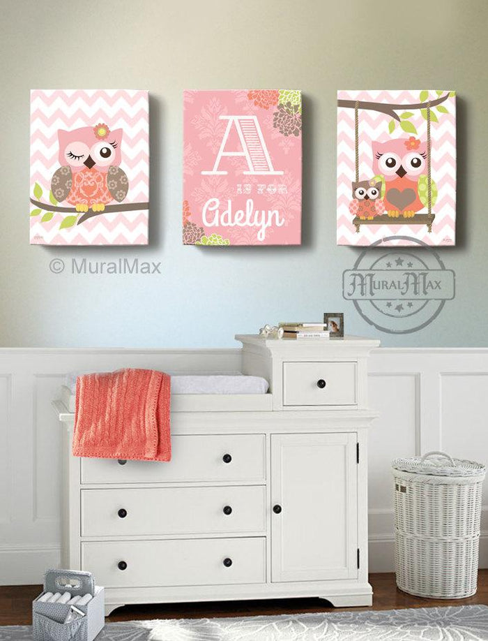 Coral Baby Nursery Art - Personalized Owl Chevron Canvas Art - Set of 2