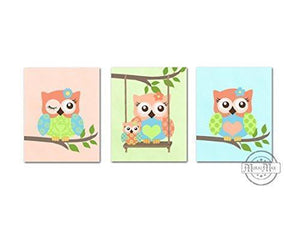 Coral Baby Owl Nursery Decor - Set of 3 - Unframed Prints - MuralMax Interiors