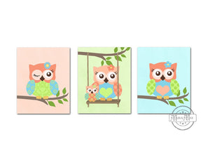 Coral Baby Owl Nursery Decor - Set of 3 - Unframed Prints - MuralMax Interiors
