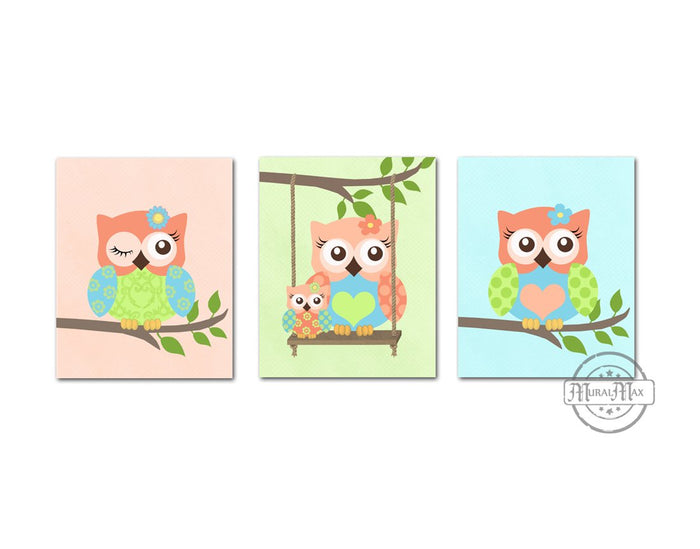 Coral Baby Owl Nursery Decor - Set of 3 - Unframed Prints