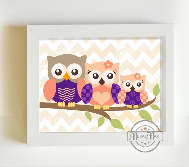 Coral Purple Owl Family Girl Room Wall Art - Modern Nursery Decor - Unframed Print