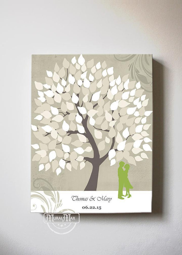 Couples Gift - Wedding Guest Book Alternative Personalized Family Tree Canvas Wall Art - Tan