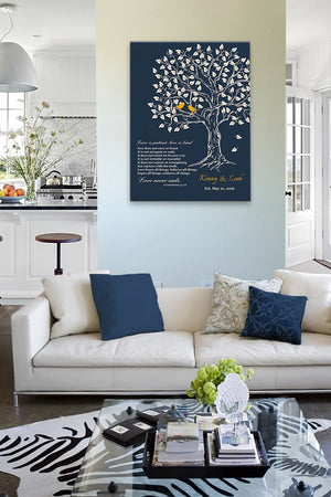 Couples Wedding Gift Personalized Family Tree & Lovebirds Canvas Wall Art, Make Your Wedding & Anniversary Gifts Memorable - Navy - B01HWLKOLO - MuralMax Interiors
