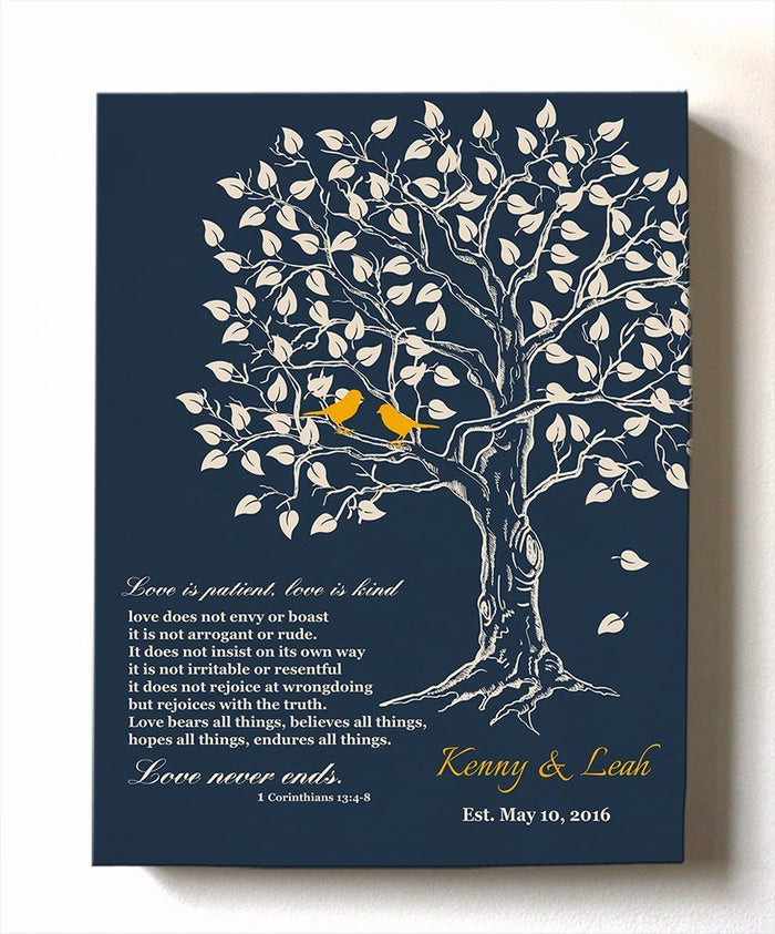 Couples Wedding Gift Personalized Family Tree & Lovebirds Canvas Wall Art, Make Your Wedding & Anniversary Gifts Memorable - Navy