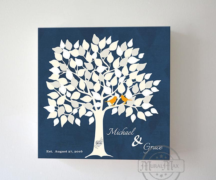 Wedding Guestbook 100-150 Leaf Family Tree Stretched Canvas Wall Art - Couples Gifts - Unique Wall Decor - Navy