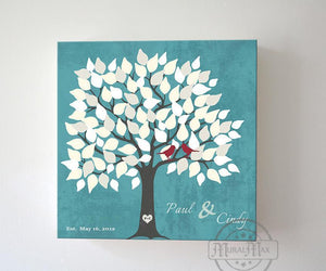 Family Tree Alternative Wedding Guest Book 100-150 Leaf Tree Canvas Wall Art - Couples Gift Unique Wall Decor - Turquoise - MuralMax Interiors