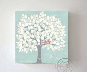 Romantic Wedding Guest Book -100 Leaf Tree Canvas Wall Art - Couples Gifts - Aqua  100-150 Guests