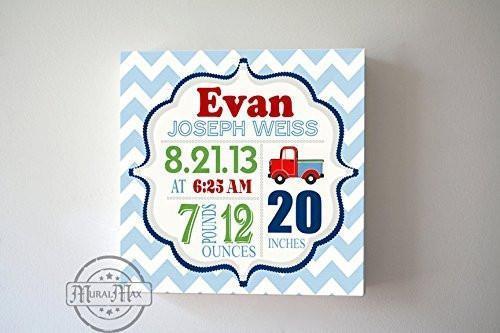 Custom Baby Birth Announcements For Boy - Truck Nursery Art Baby Boy - Make Your New Baby Gifts Memorable - Color: Blue - Canvas Wall Art - B018GT2UTK
