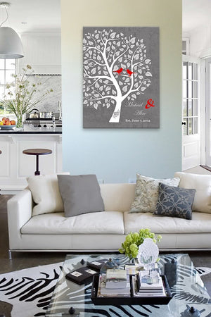 Custom Family Tree Canvas Wall Art - Tree with Love Birds Wedding & Anniversary Gifts - Unique Decor - Color - Gray # 4 - B01I0AODJK - MuralMax Interiors