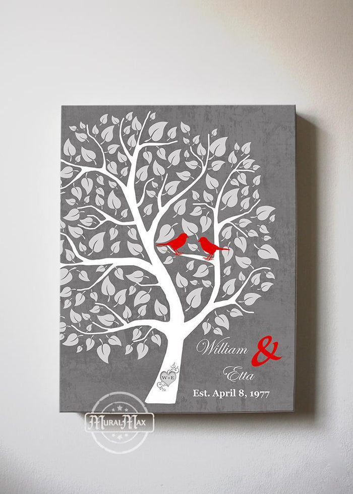 Custom Family Tree Canvas Wall Art - Tree with Love Birds Wedding & Anniversary Gifts - Unique Decor - Color - Gray # 4 - B01I0AODJK